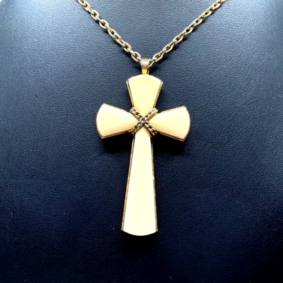 Vintage Avon Cross Pendant, Ivory White Lucite, Gold Tone Metal Accents & Chain - Picture 1 of 5